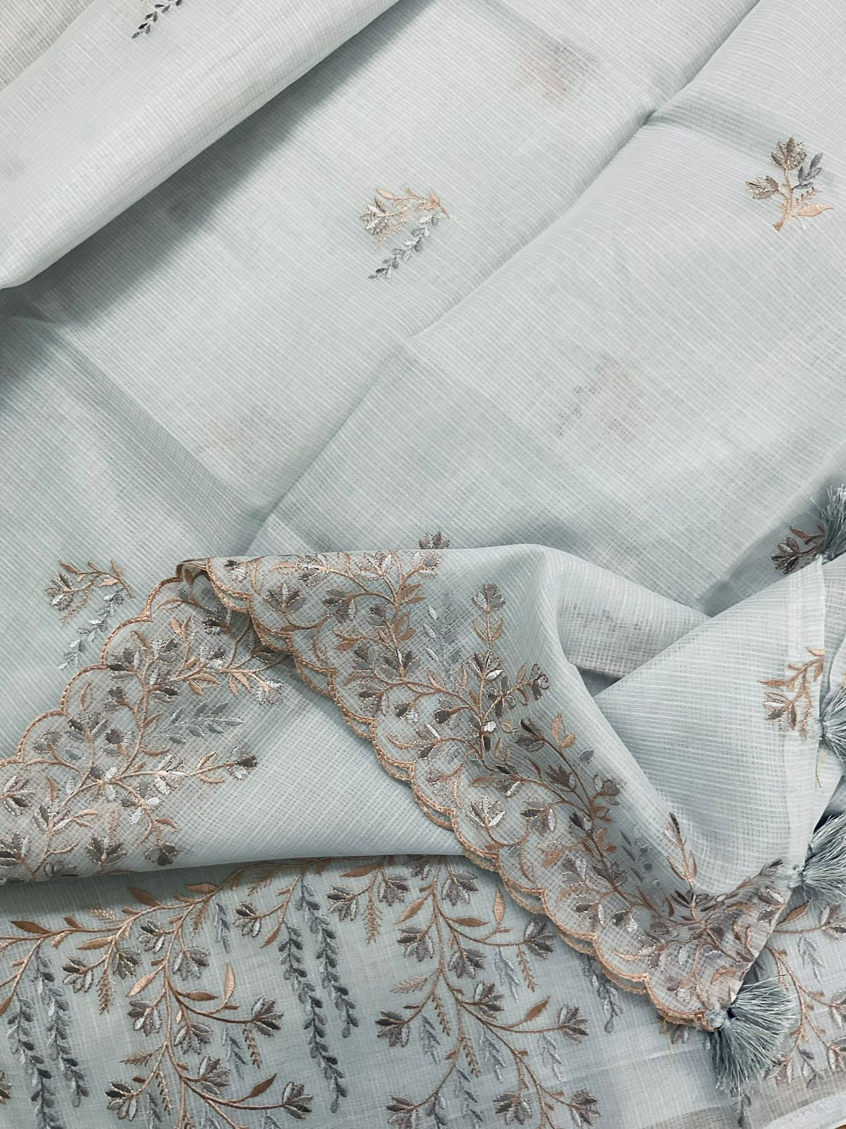 Soft Kota Silk Embroidered Suit - Grey