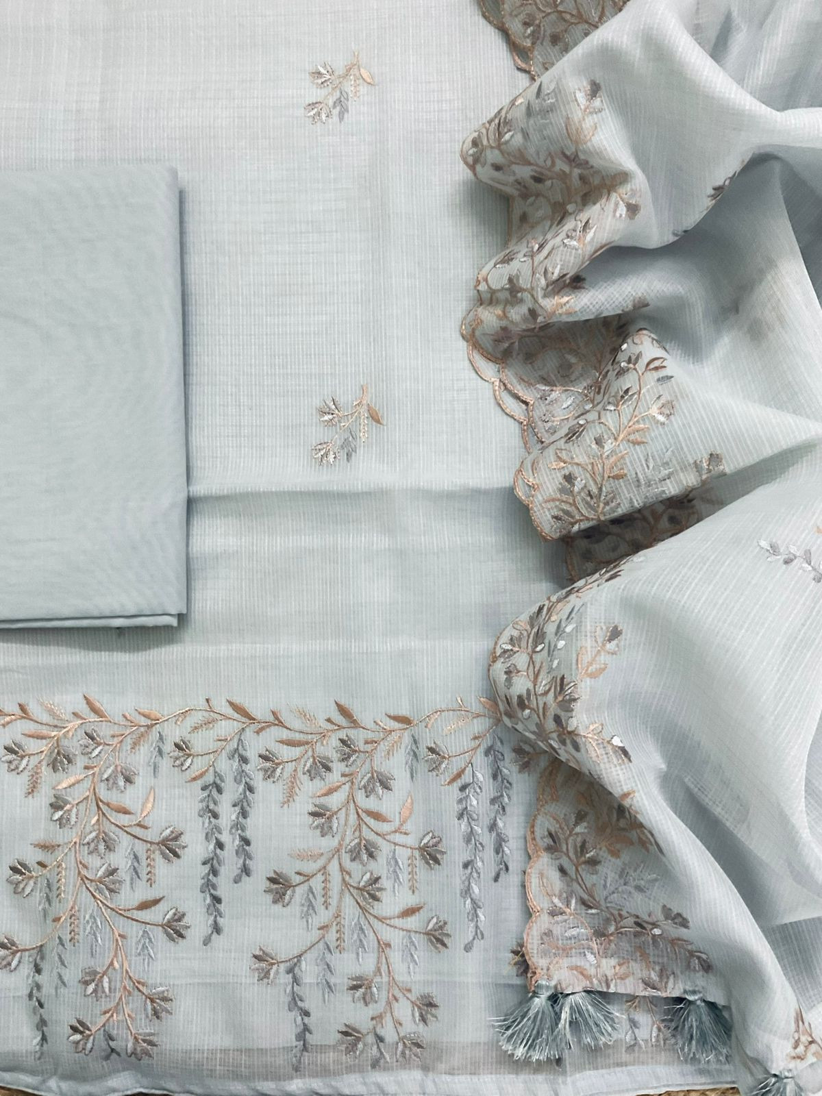 Soft Kota Silk Embroidered Suit - Grey