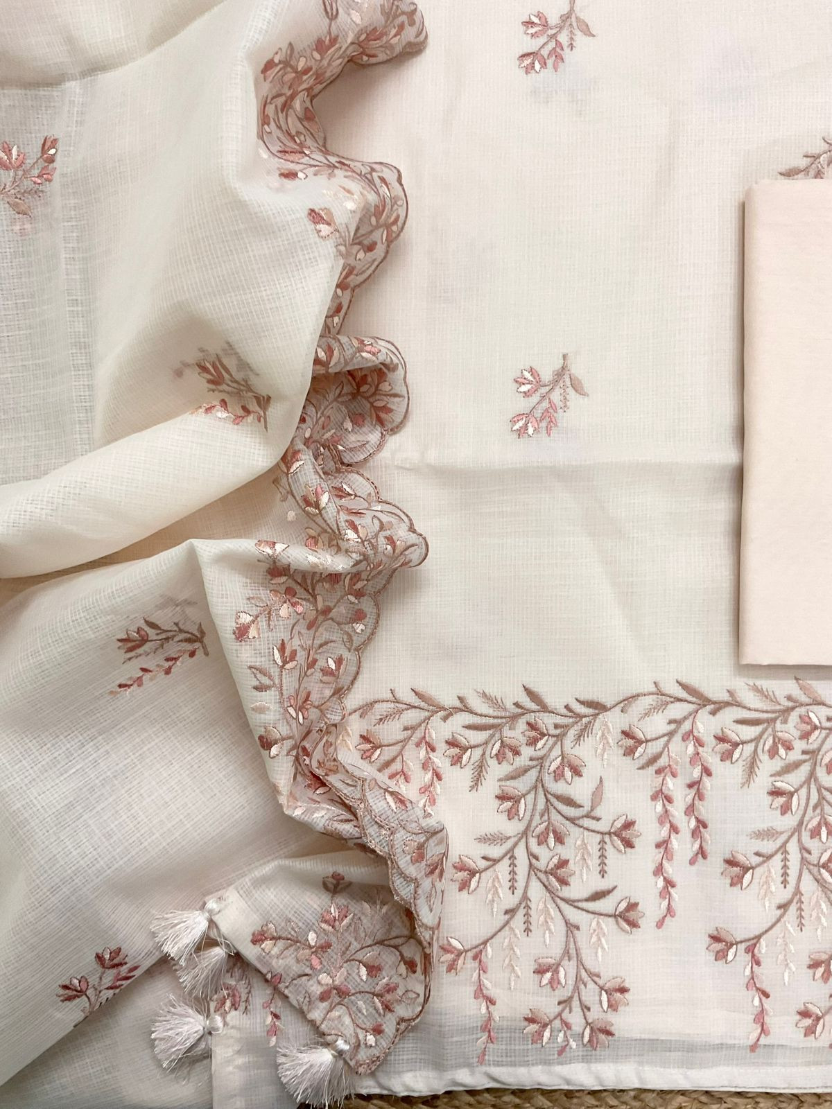 Soft Kota Silk Embroidered Suit - Peachish Cream