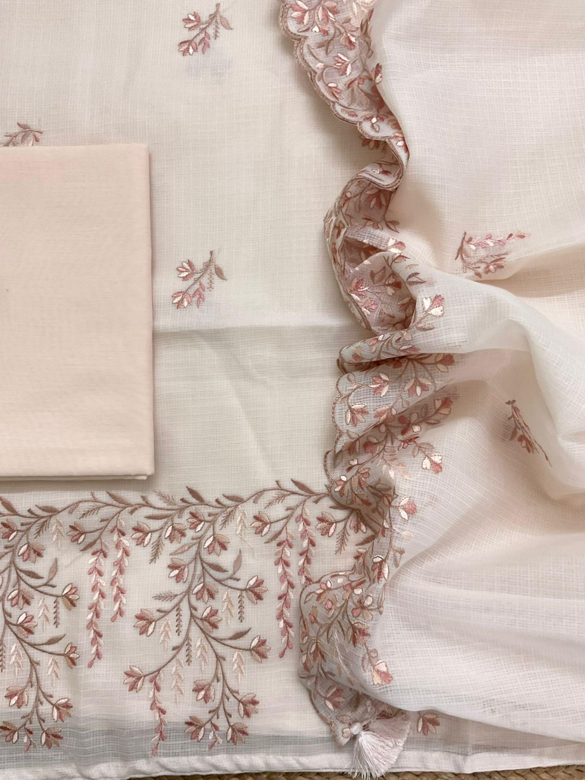 Soft Kota Silk Embroidered Suit - Peachish Cream