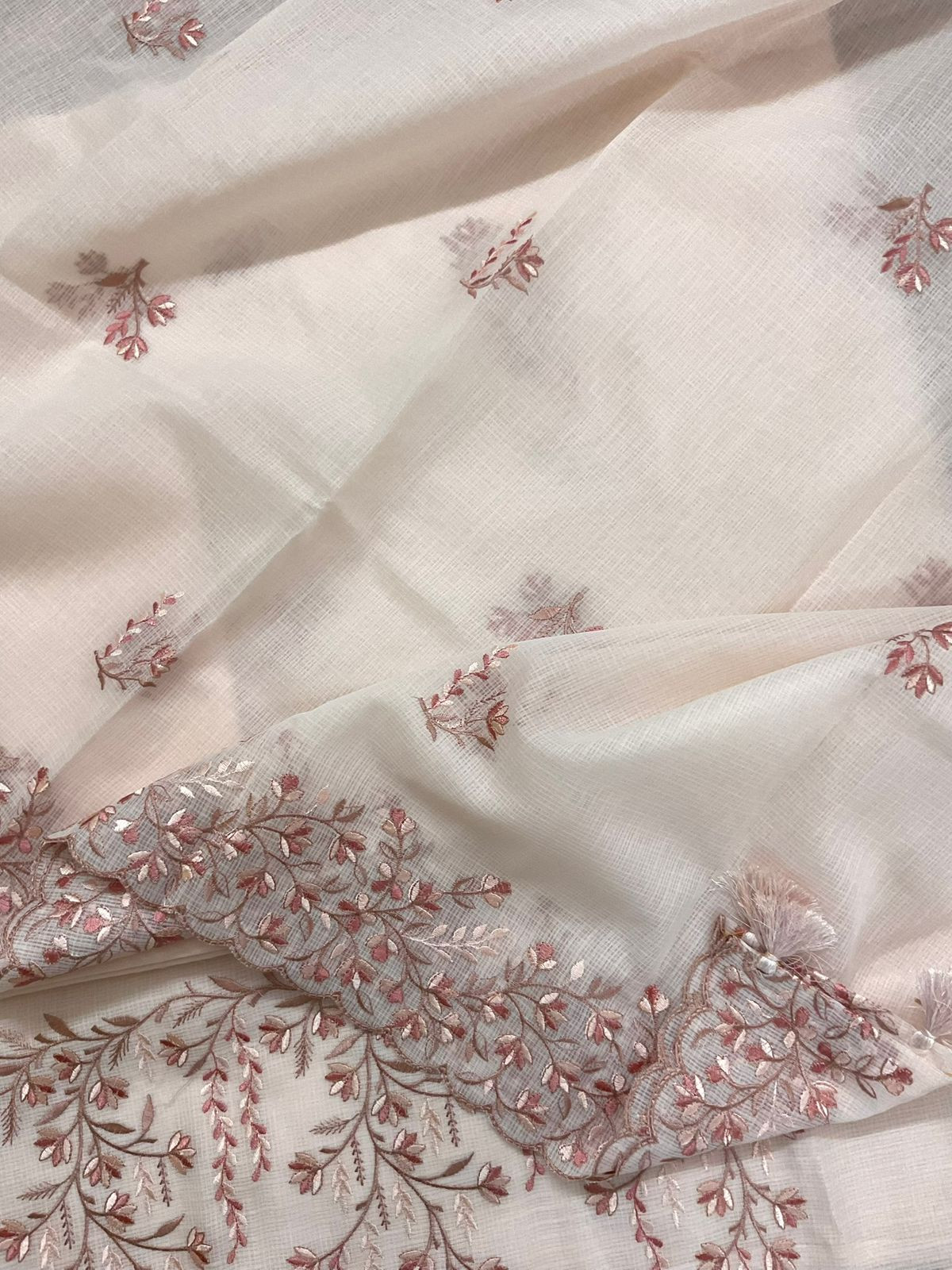 Soft Kota Silk Embroidered Suit - Peachish Cream