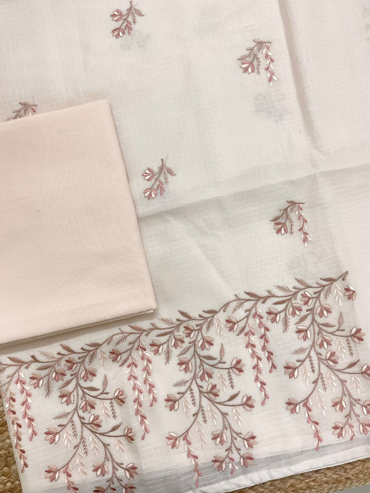 Soft Kota Silk Embroidered Suit - Peachish Cream