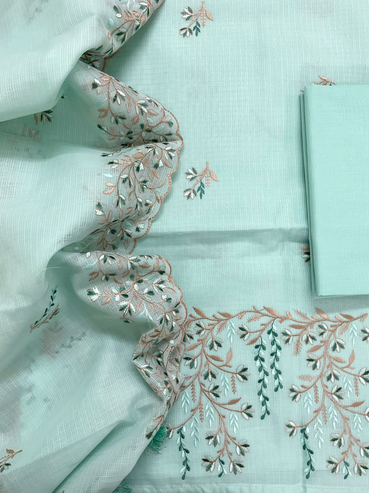 Soft Kota Silk Embroidered Suit - Sea Green