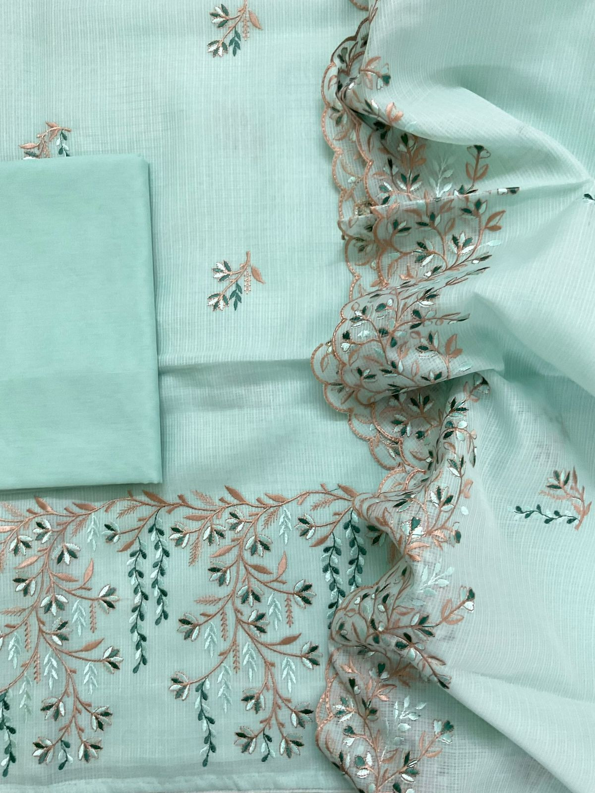 Soft Kota Silk Embroidered Suit - Sea Green