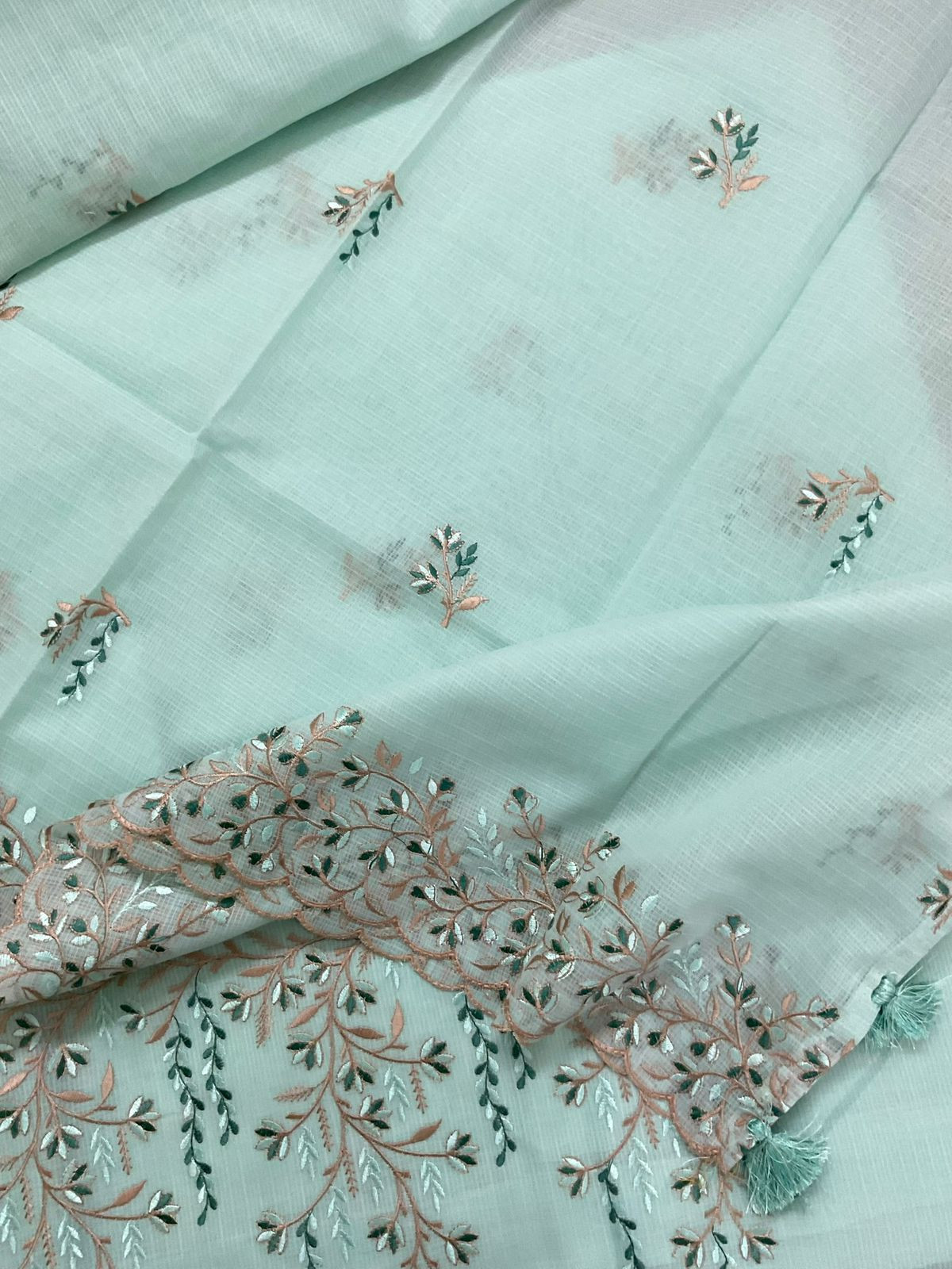 Soft Kota Silk Embroidered Suit - Sea Green
