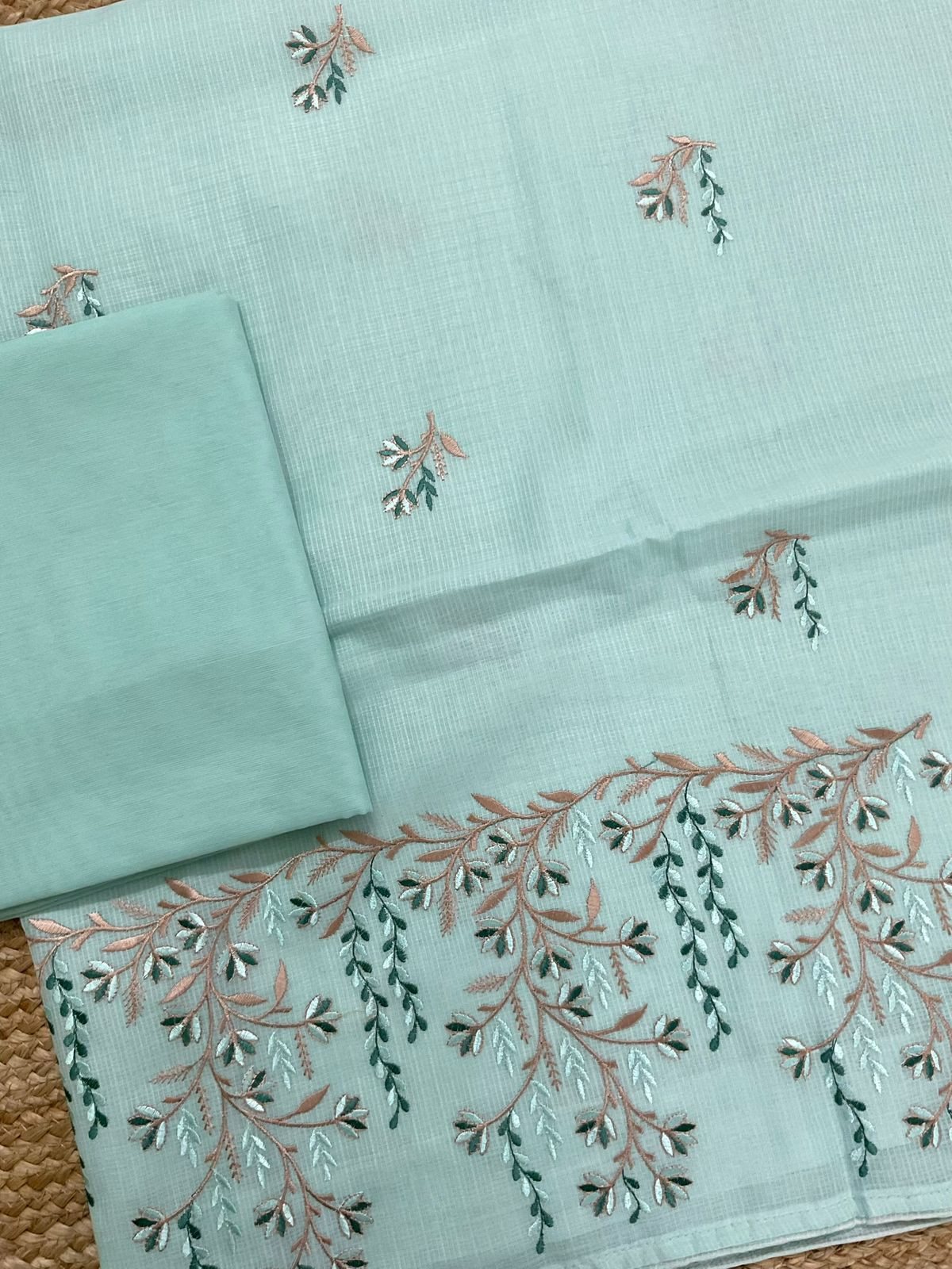 Soft Kota Silk Embroidered Suit - Sea Green