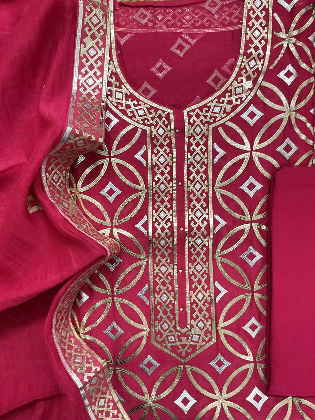 Pure Chanderi Embroidered Suit - Pinkish Red