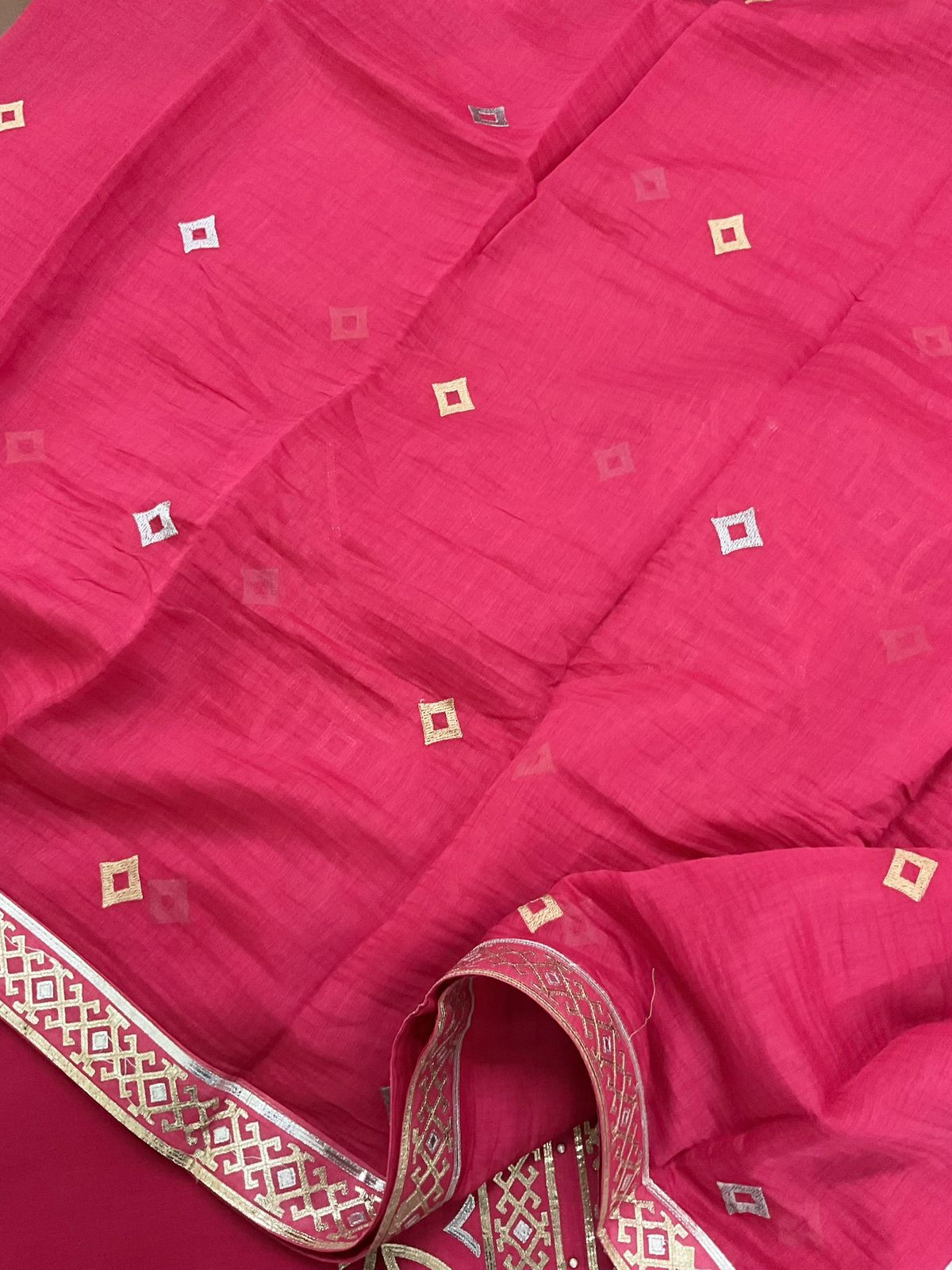 Pure Chanderi Embroidered Suit - Pinkish Red
