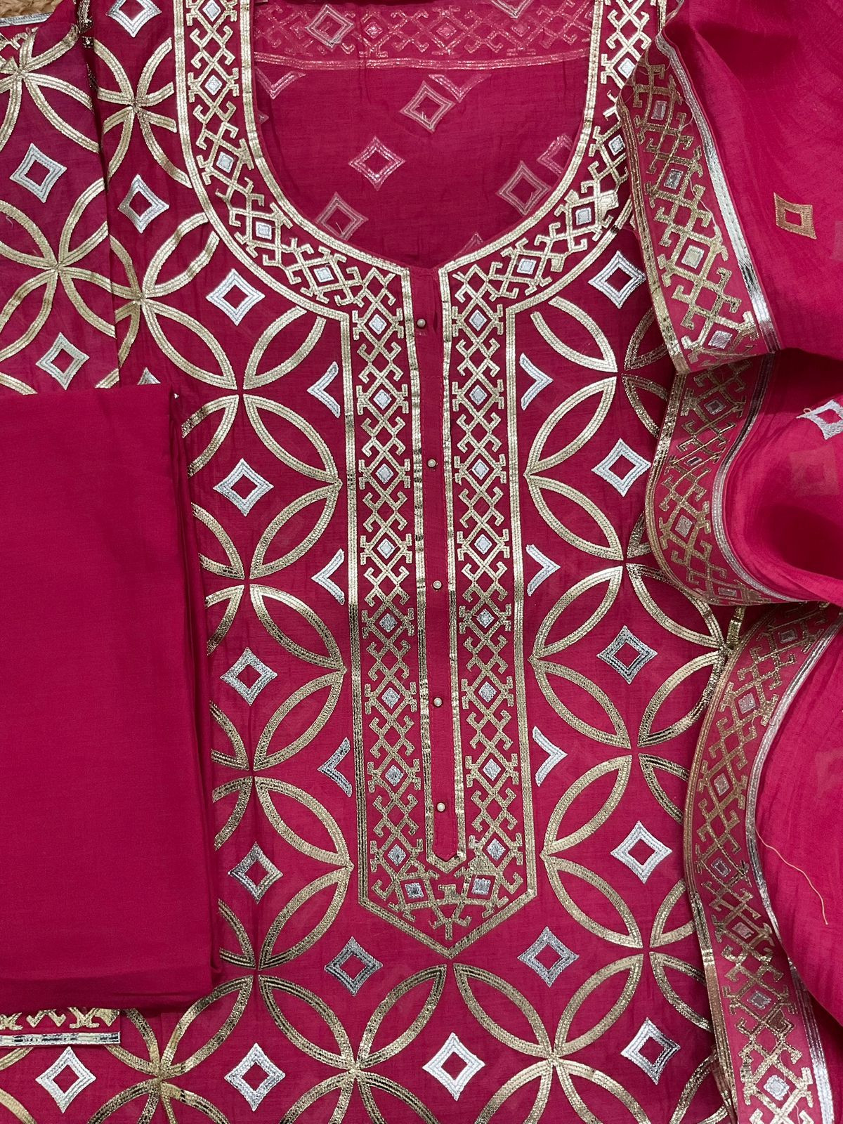 Pure Chanderi Embroidered Suit - Pinkish Red