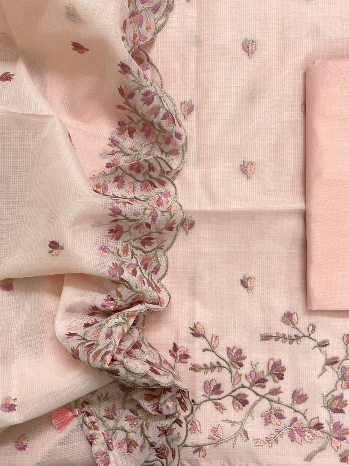 Soft Kota Silk Embroidered Suit - Peach