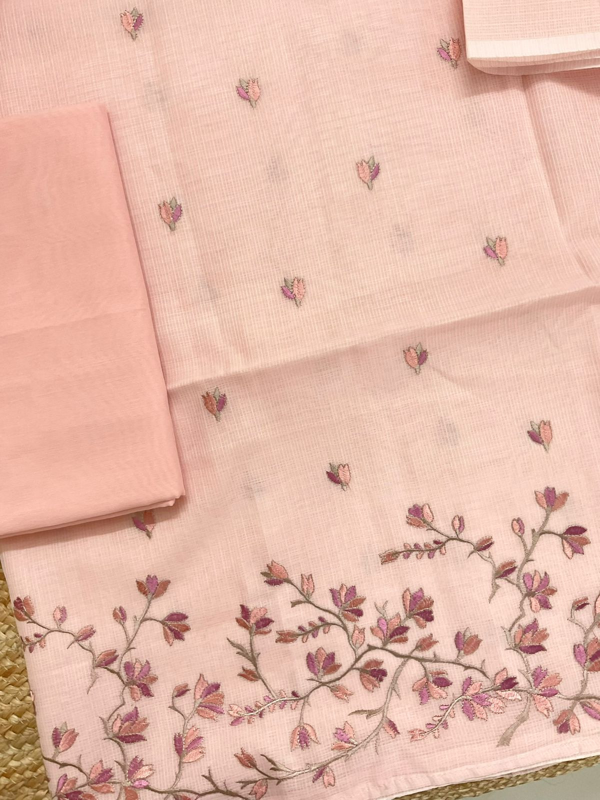 Soft Kota Silk Embroidered Suit - Peach