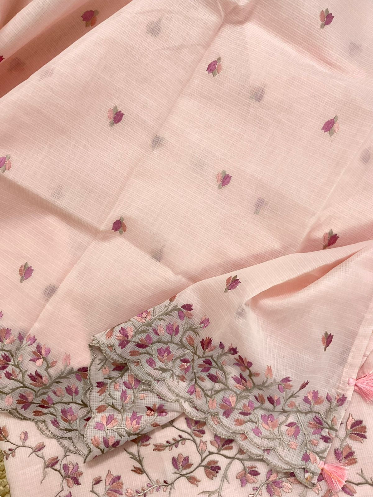 Soft Kota Silk Embroidered Suit - Peach