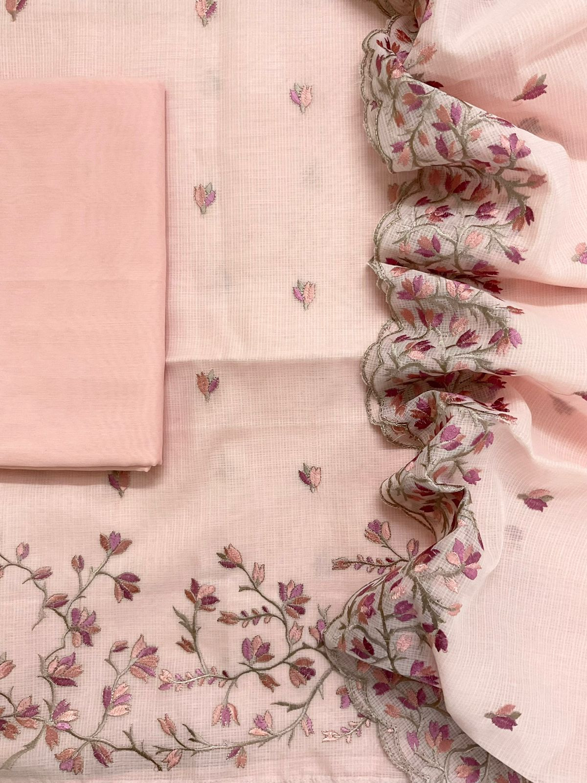 Soft Kota Silk Embroidered Suit - Peach