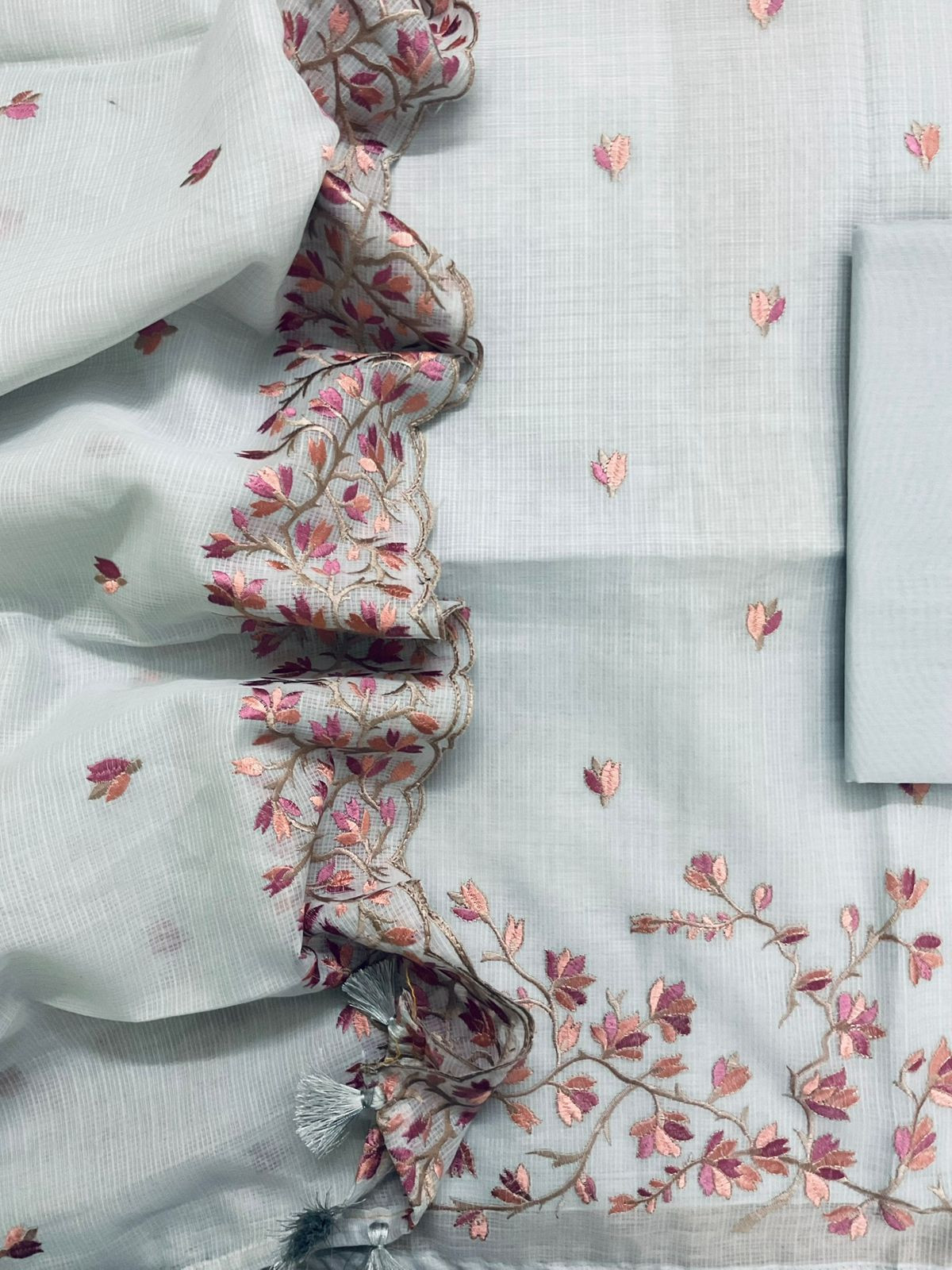 Soft Kota Silk Embroidered Suit - Grey