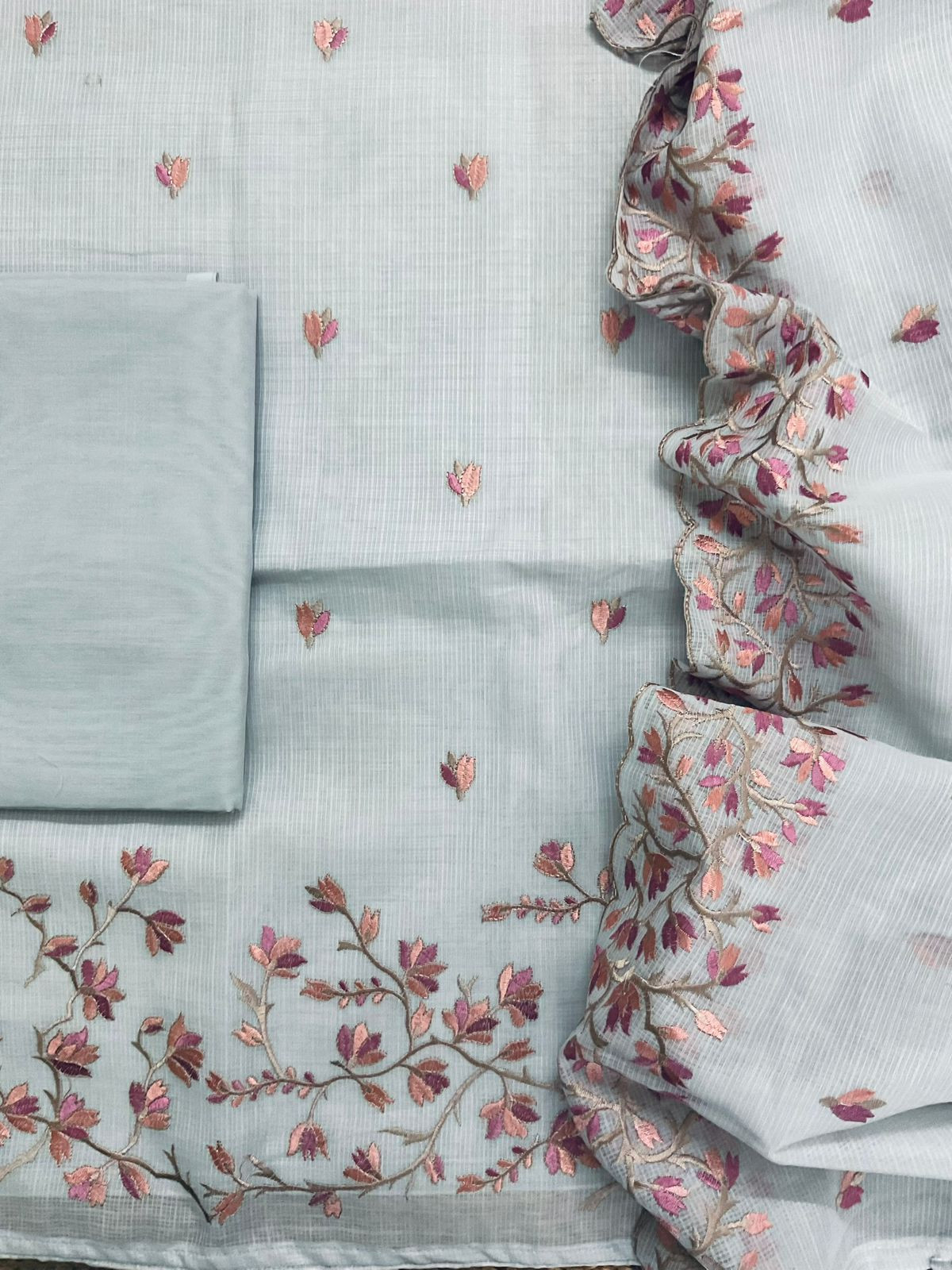 Soft Kota Silk Embroidered Suit - Grey