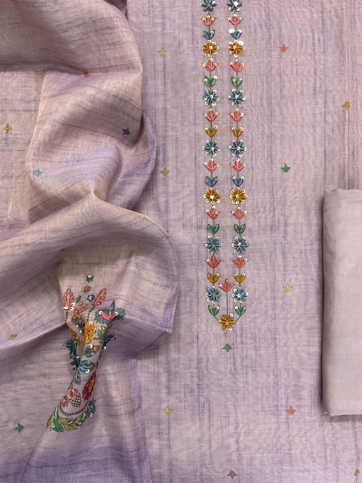 Soft Tissue Slub Cotton Printed Embroidered Suit - Lavender