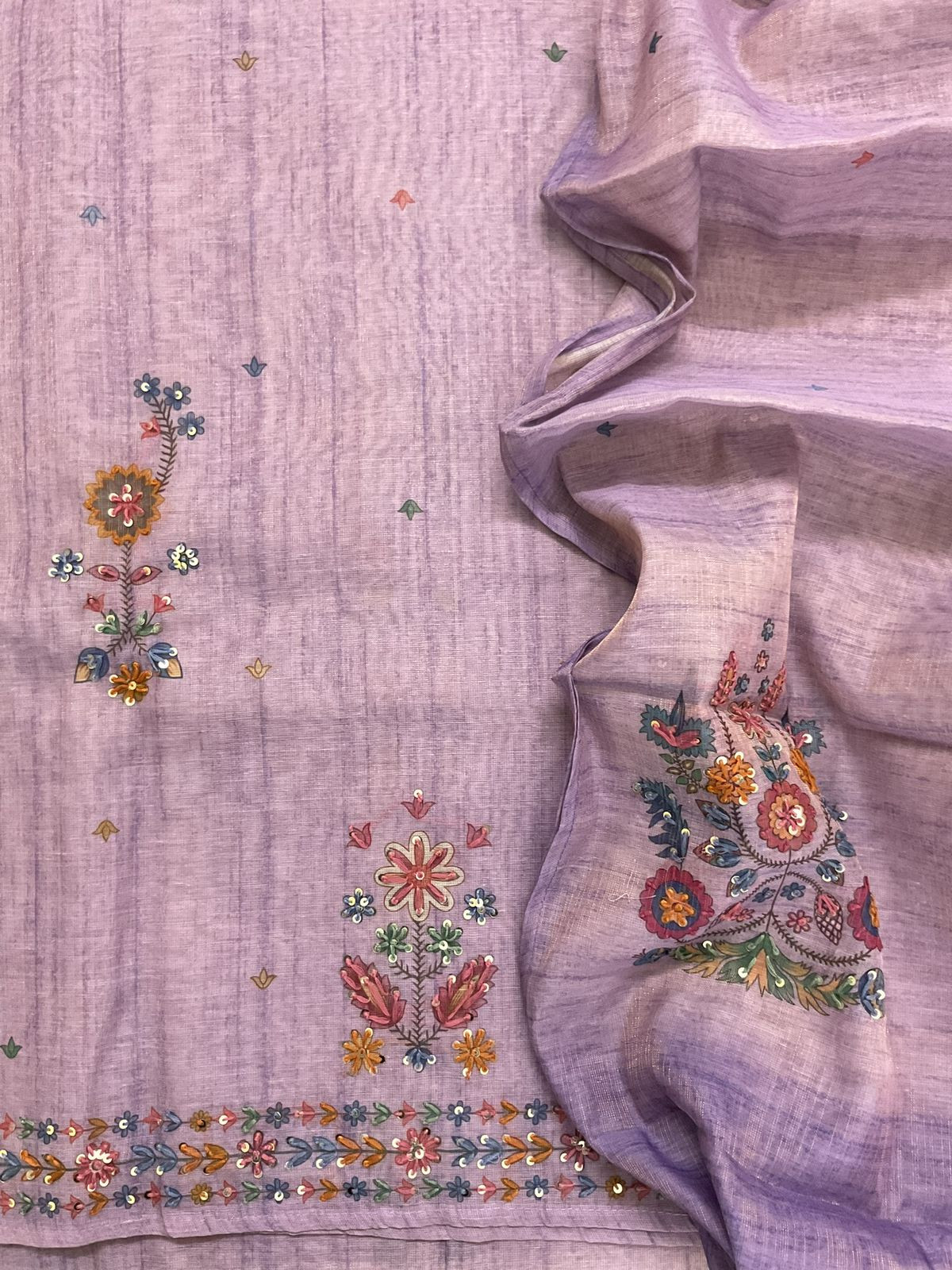 Soft Tissue Slub Cotton Printed Embroidered Suit - Lavender