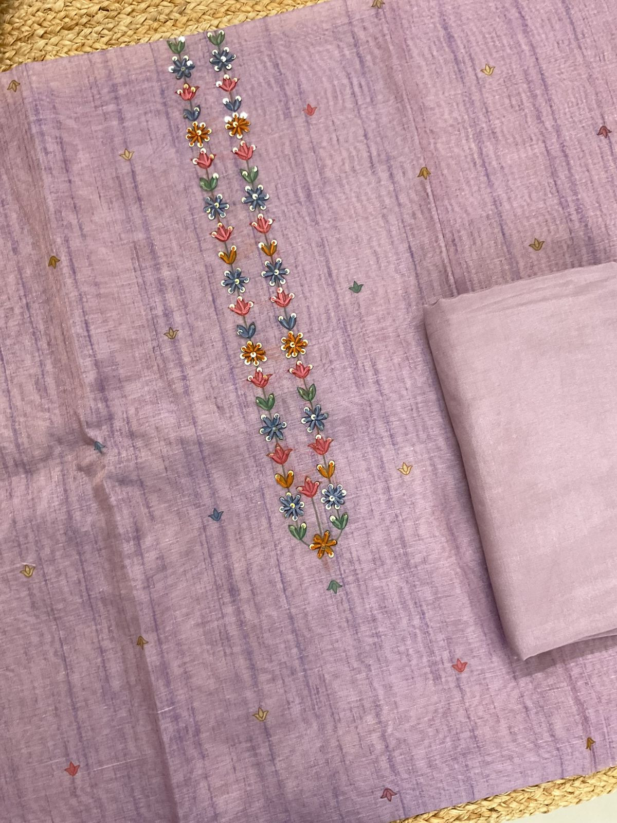 Soft Tissue Slub Cotton Printed Embroidered Suit - Lavender