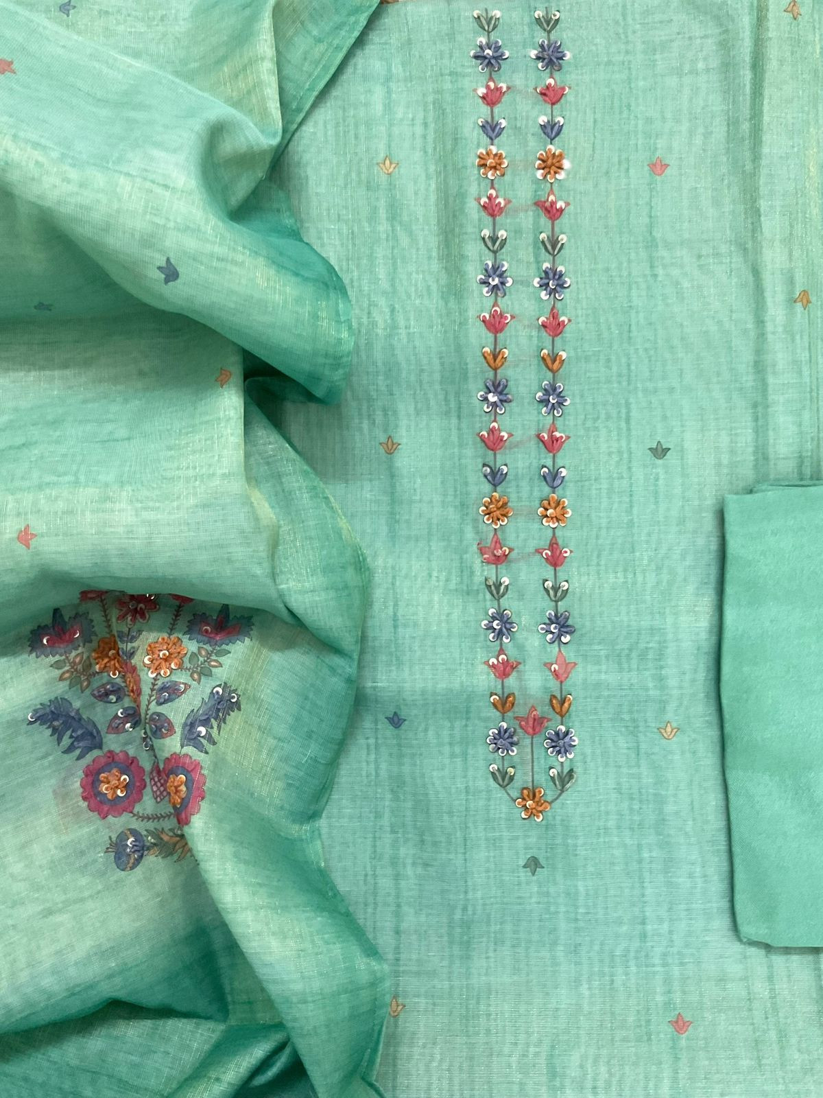 Soft Tissue Slub Cotton Printed Embroidered Suit - Green