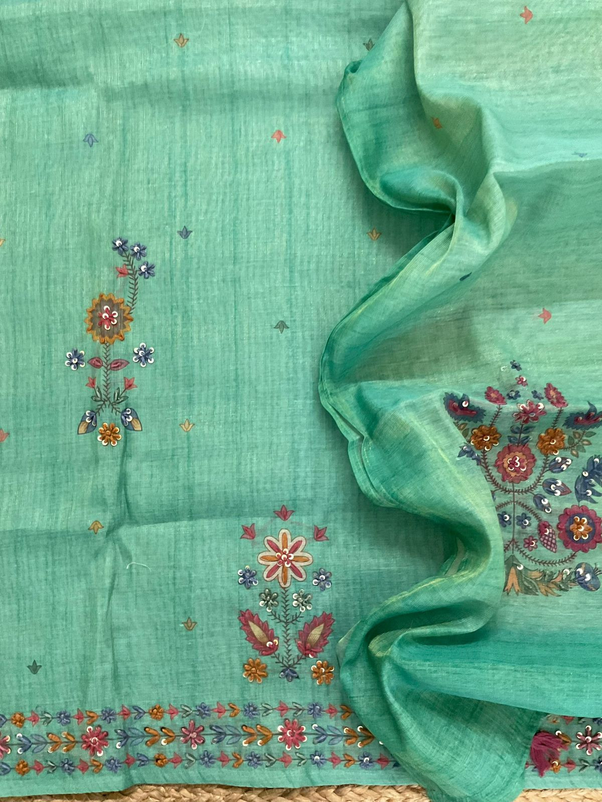 Soft Tissue Slub Cotton Printed Embroidered Suit - Green