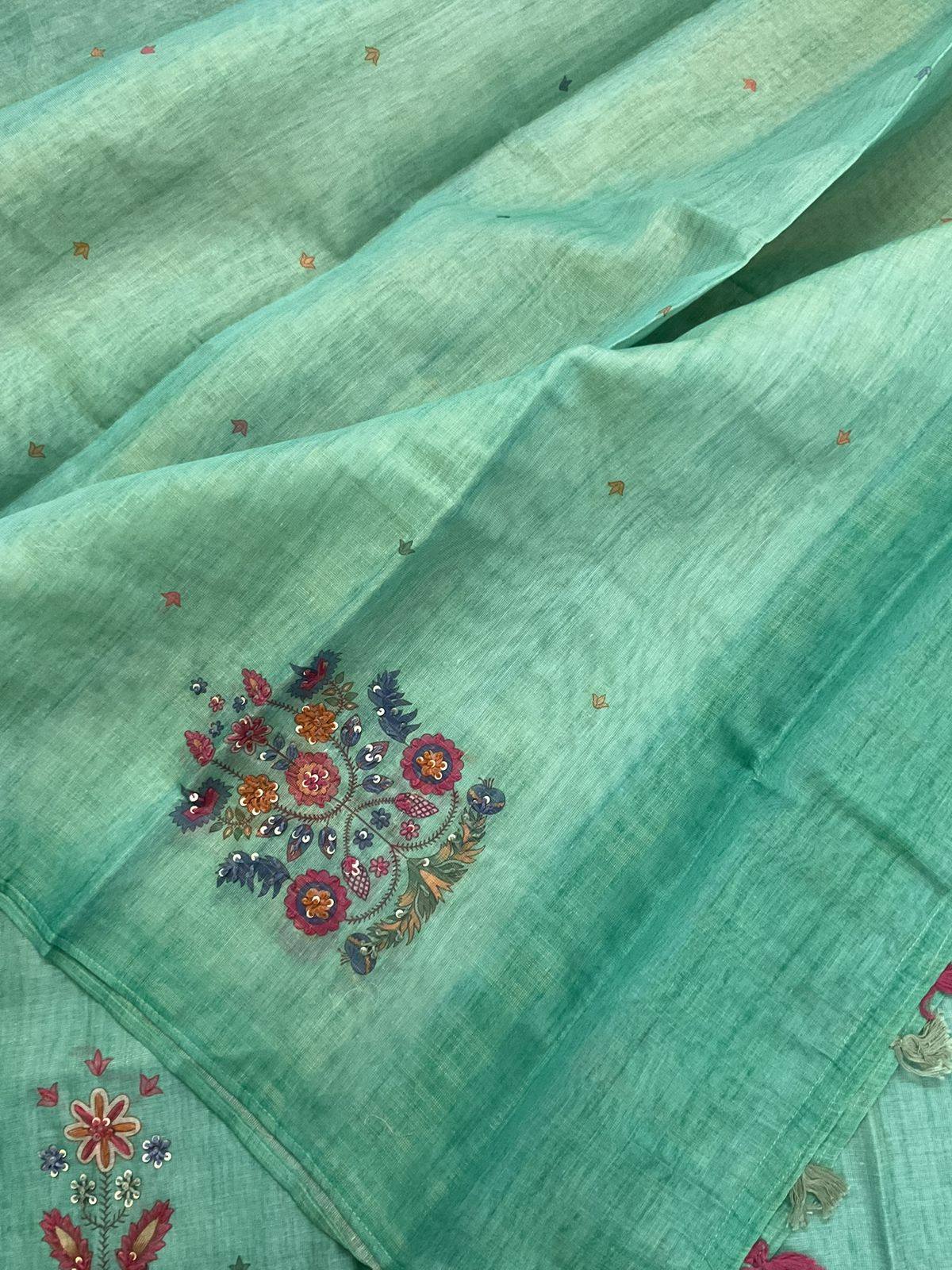 Soft Tissue Slub Cotton Printed Embroidered Suit - Green