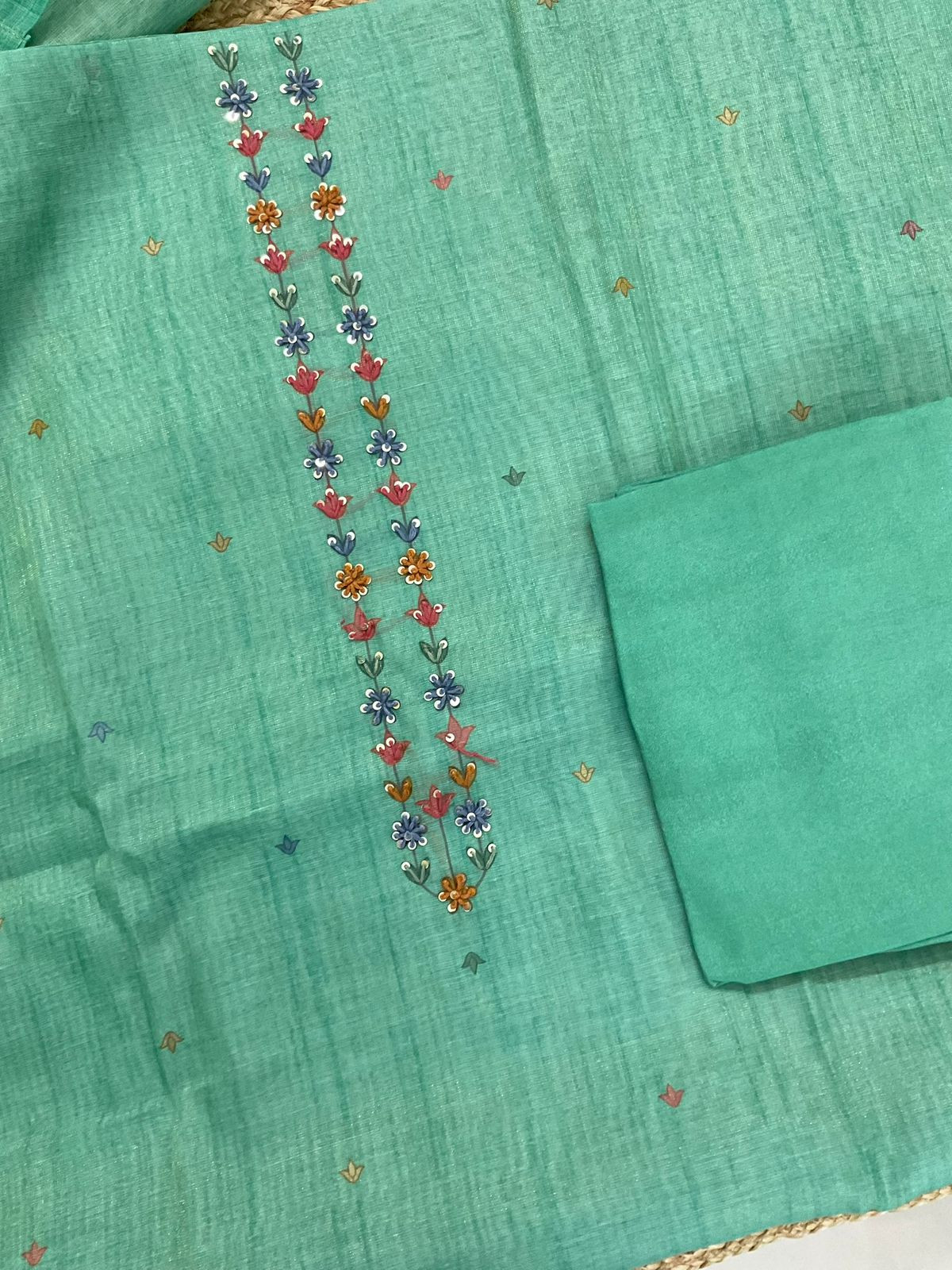 Soft Tissue Slub Cotton Printed Embroidered Suit - Green