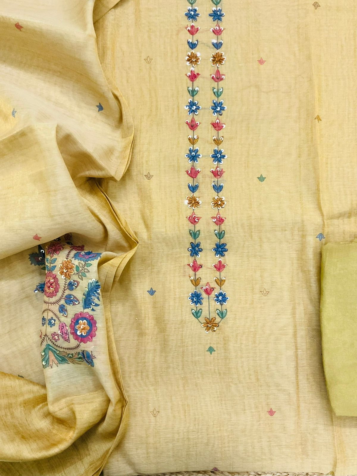 Soft Tissue Slub Cotton Printed Embroidered Suit - Yellow