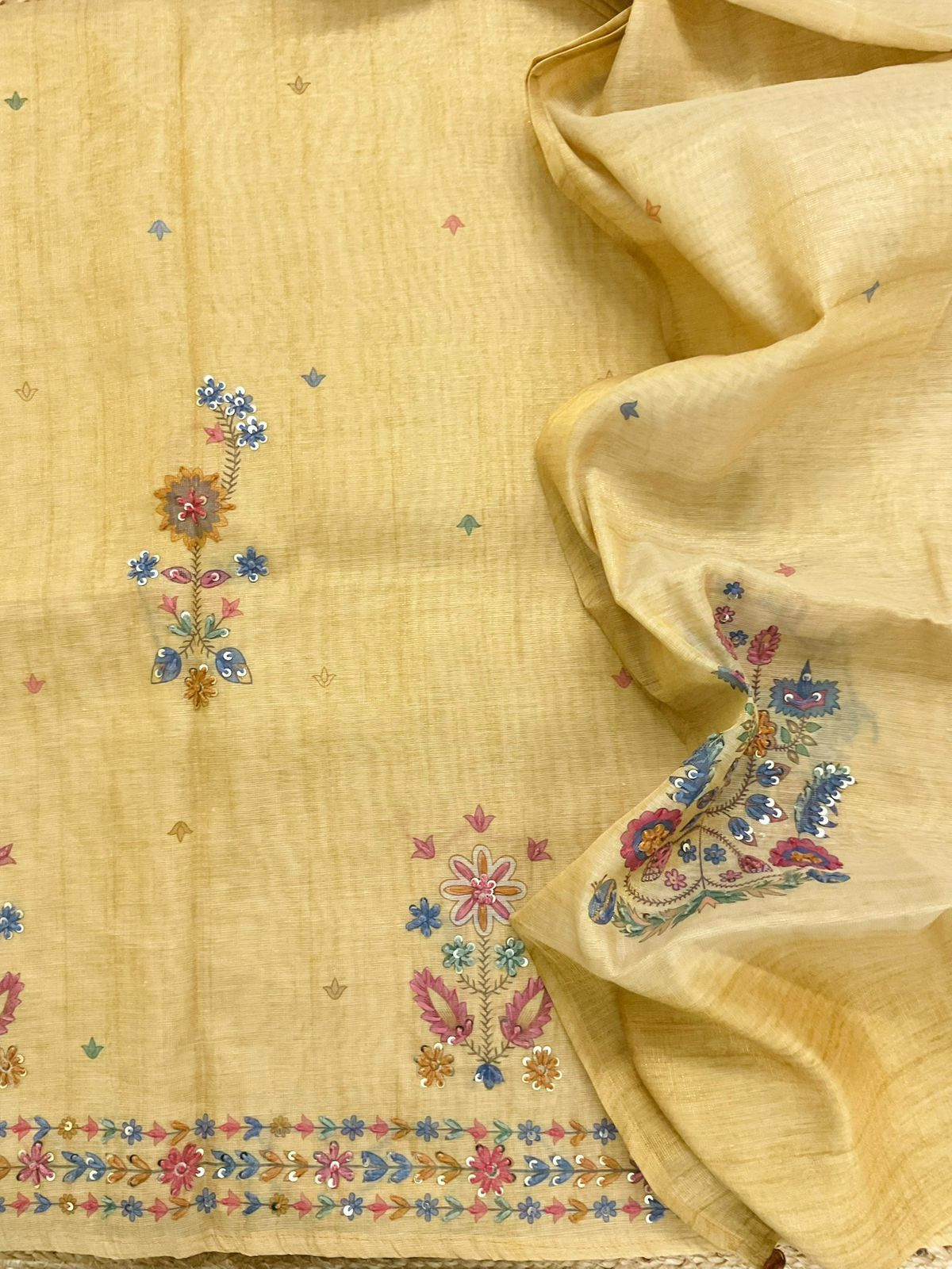 Soft Tissue Slub Cotton Printed Embroidered Suit - Yellow