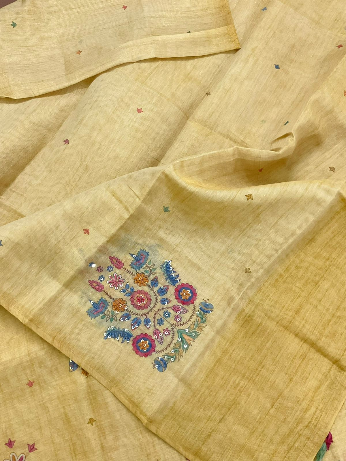 Soft Tissue Slub Cotton Printed Embroidered Suit - Yellow