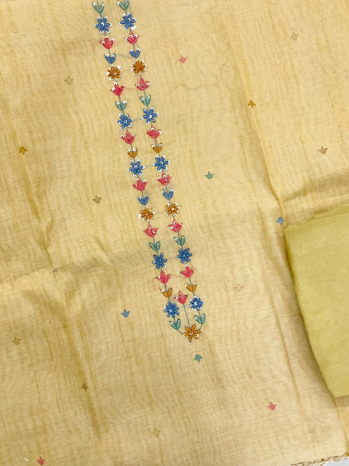 Soft Tissue Slub Cotton Printed Embroidered Suit - Yellow