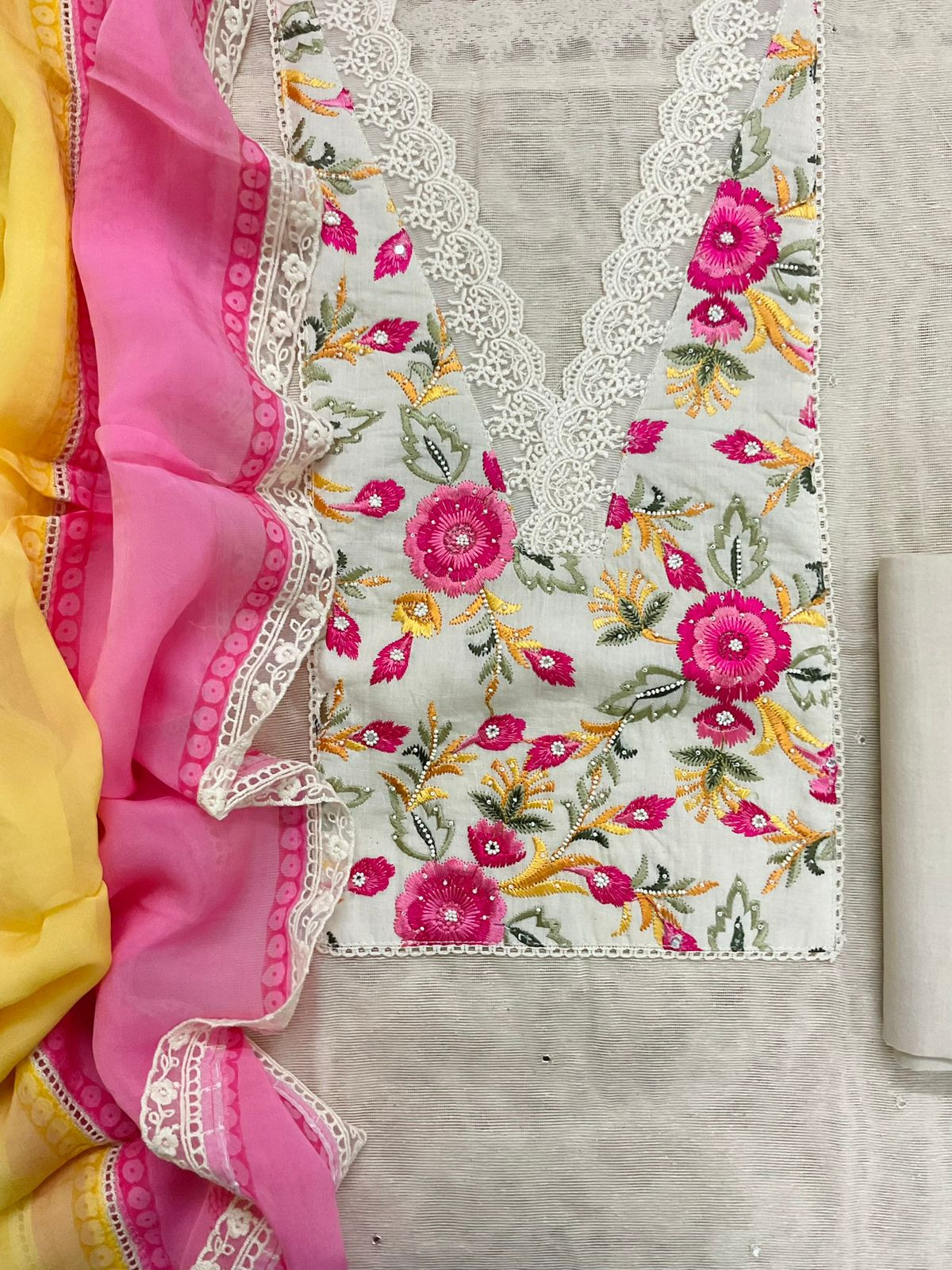 Pure Supernet Printed Embroidered Suit - Beige