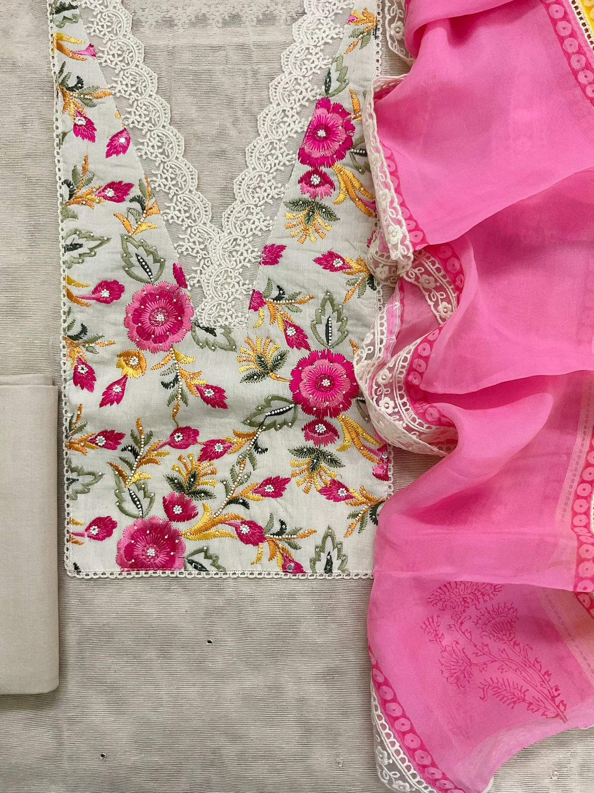 Pure Supernet Printed Embroidered Suit - Beige