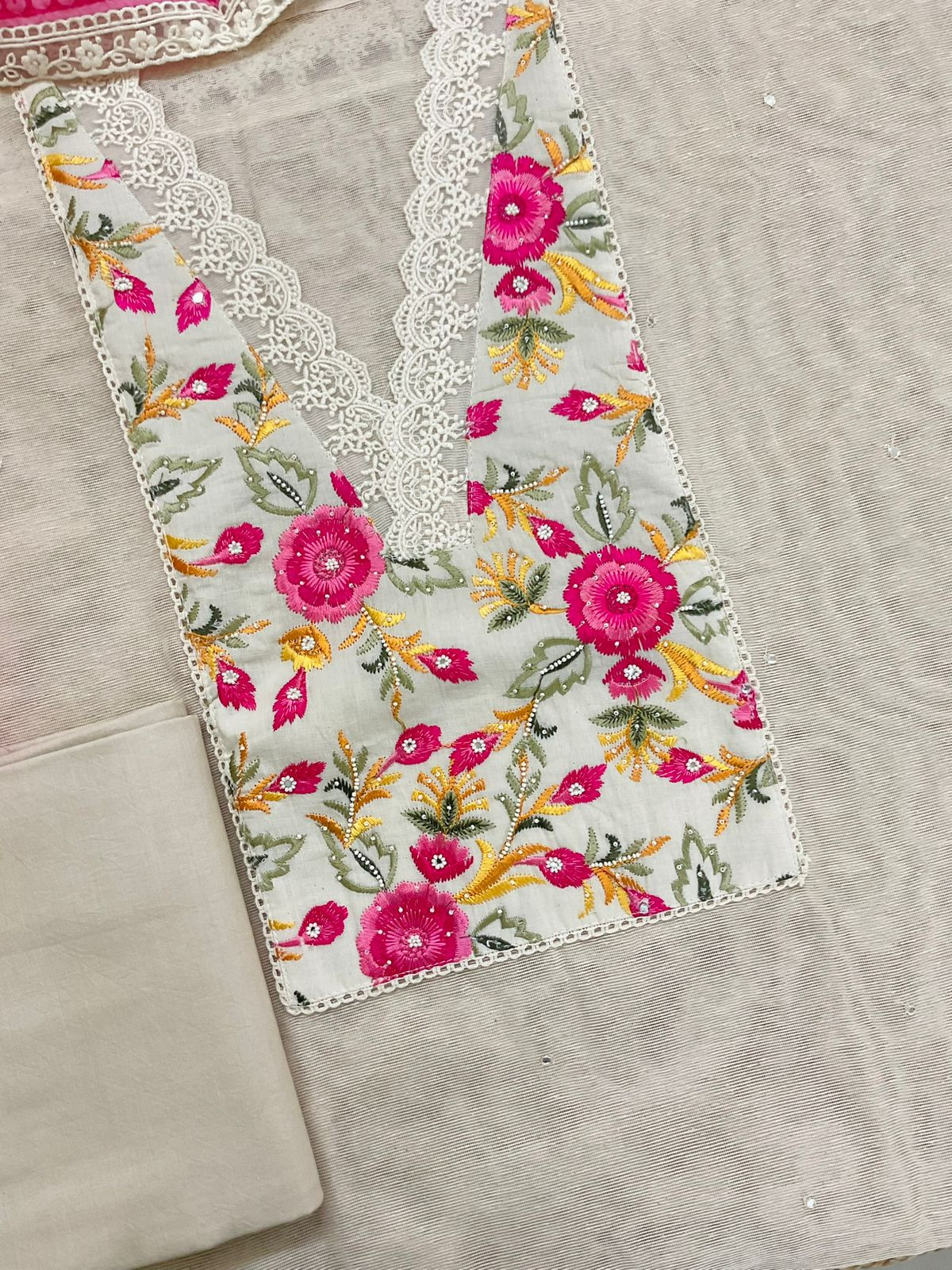 Pure Supernet Printed Embroidered Suit - Beige