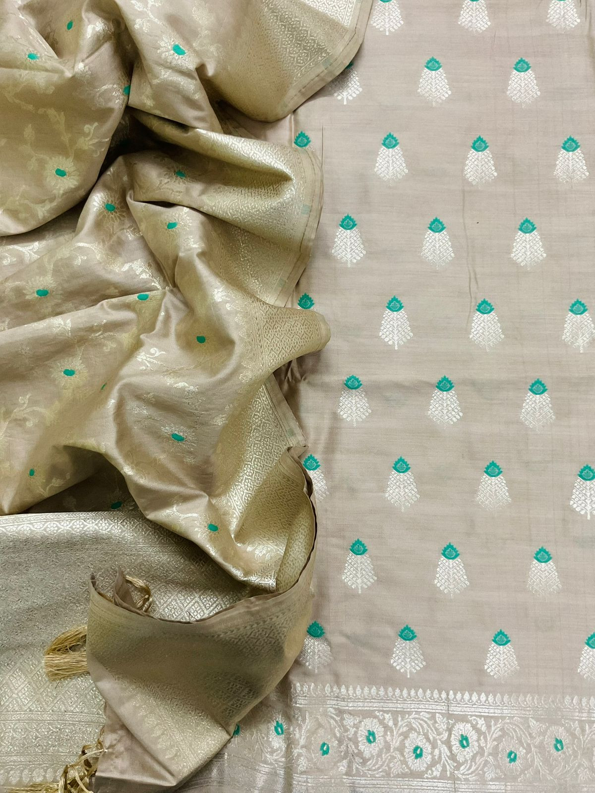 Pure Chanderi Silk Banarasi Weaved Suit - Beige