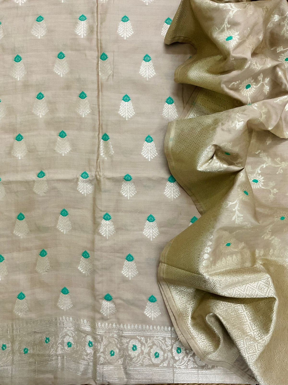 Pure Chanderi Silk Banarasi Weaved Suit - Beige