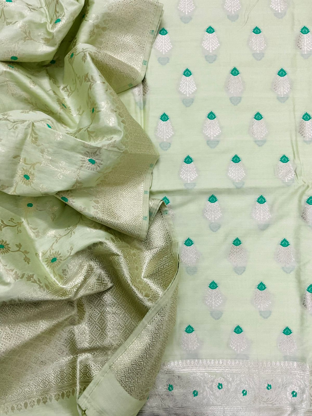 Pure Chanderi Silk Banarasi Weaved Suit - Green