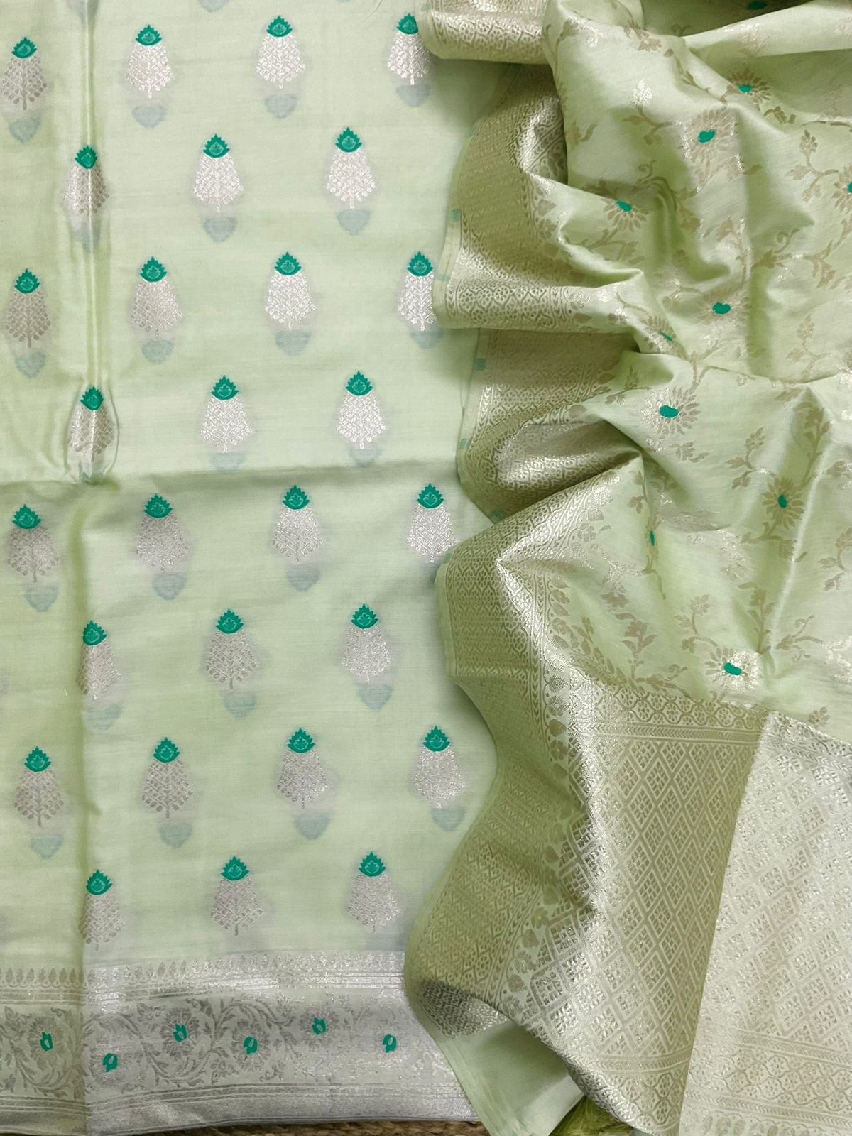 Pure Chanderi Silk Banarasi Weaved Suit - Green