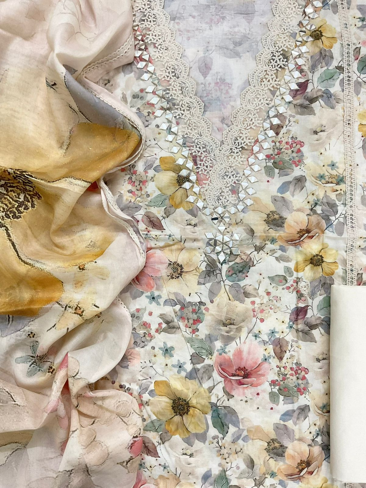 Pure Jaam Cotton Printed Embroidered Suit - Beige