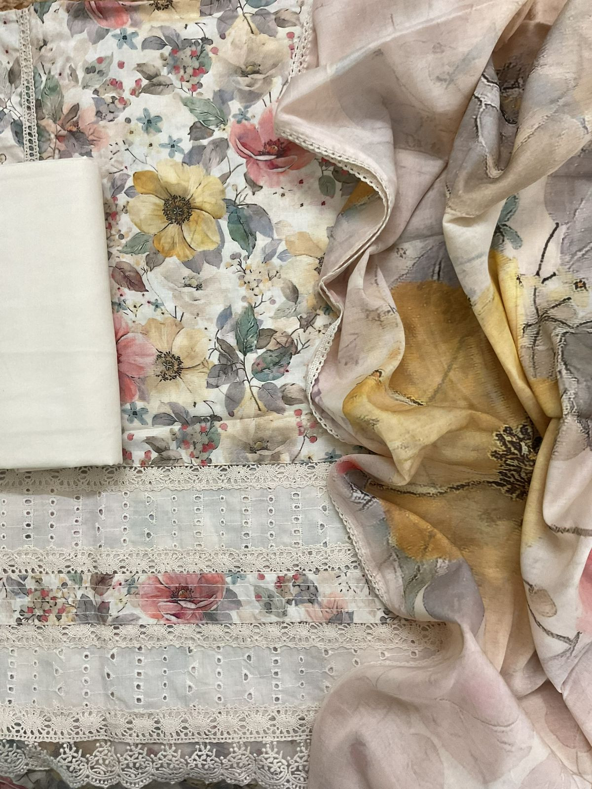 Pure Jaam Cotton Printed Embroidered Suit - Beige