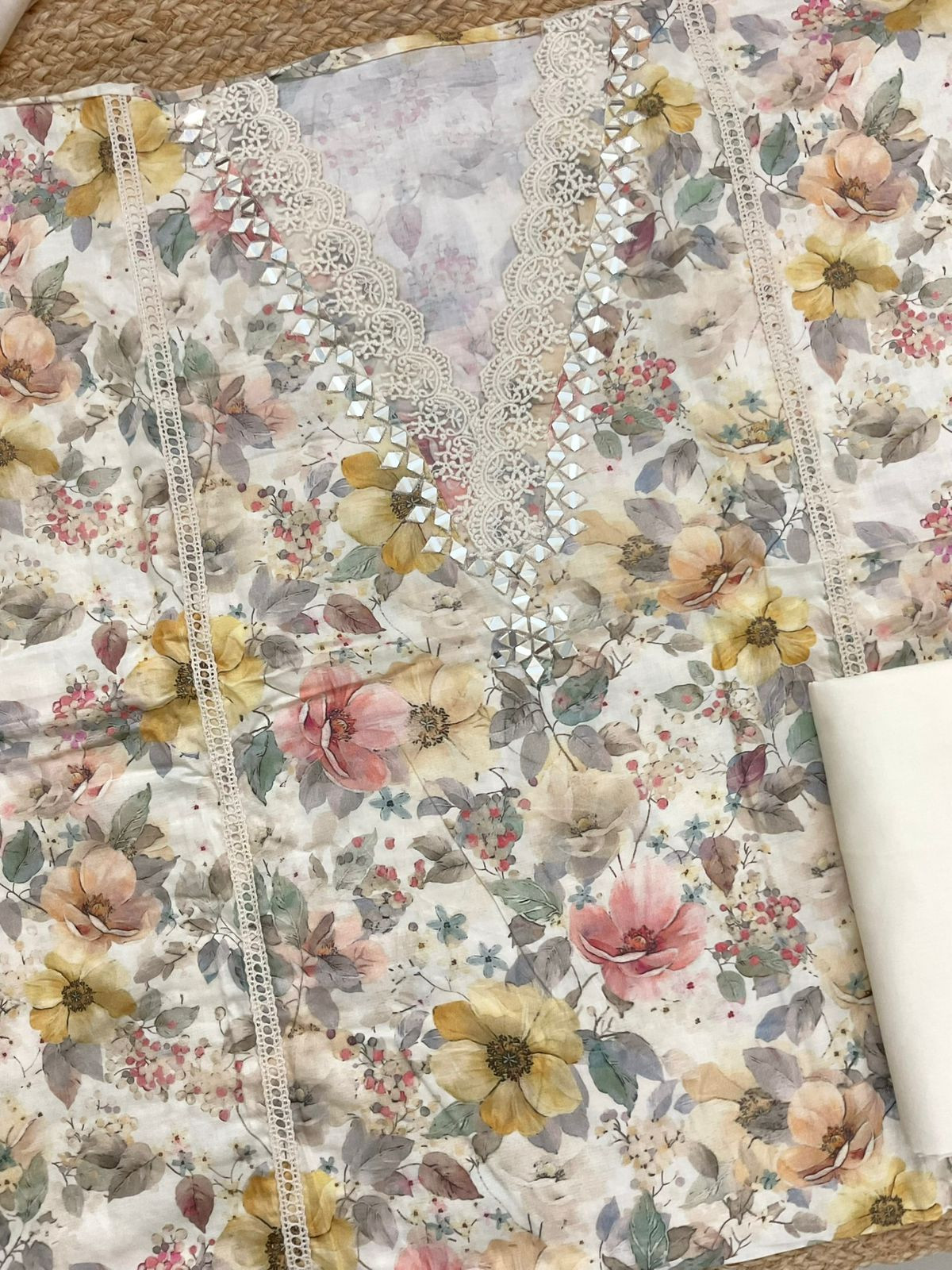 Pure Jaam Cotton Printed Embroidered Suit - Beige