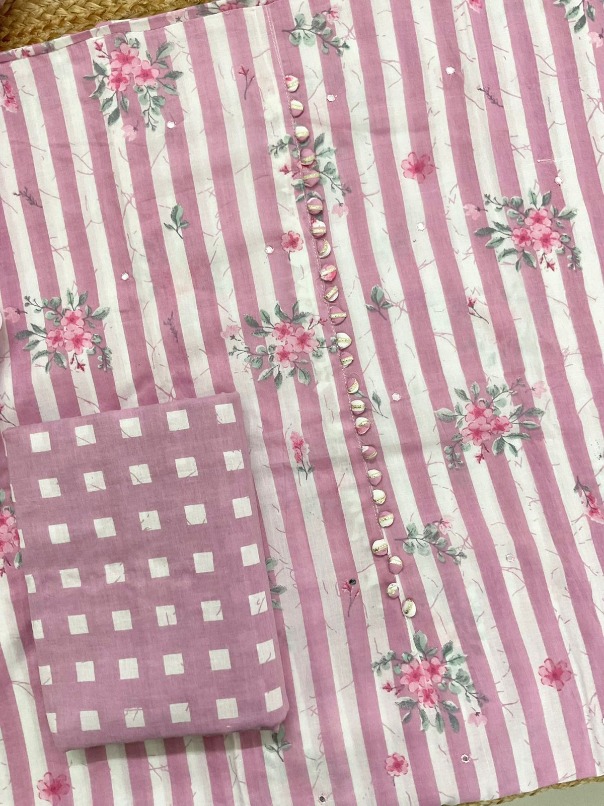 Pure Cotton Printed Embroidered Suit - Pink