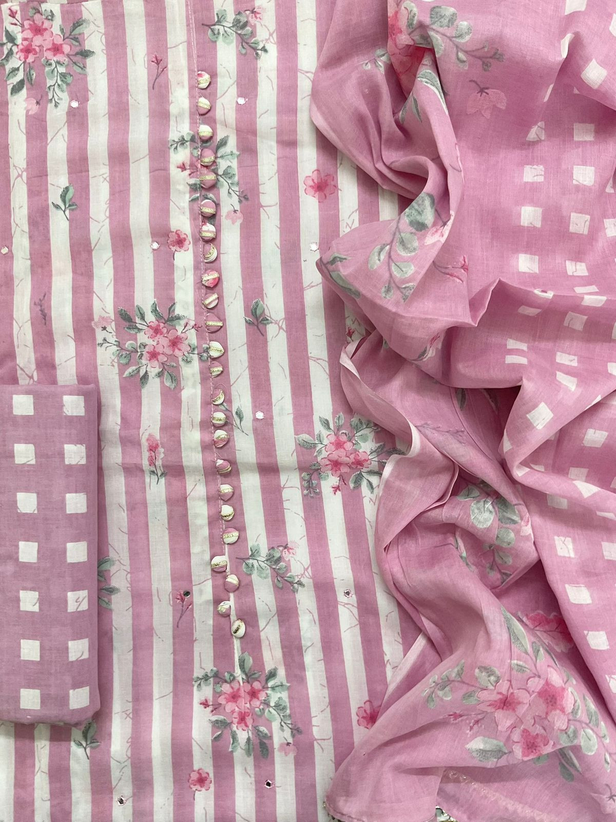 Pure Cotton Printed Embroidered Suit - Pink