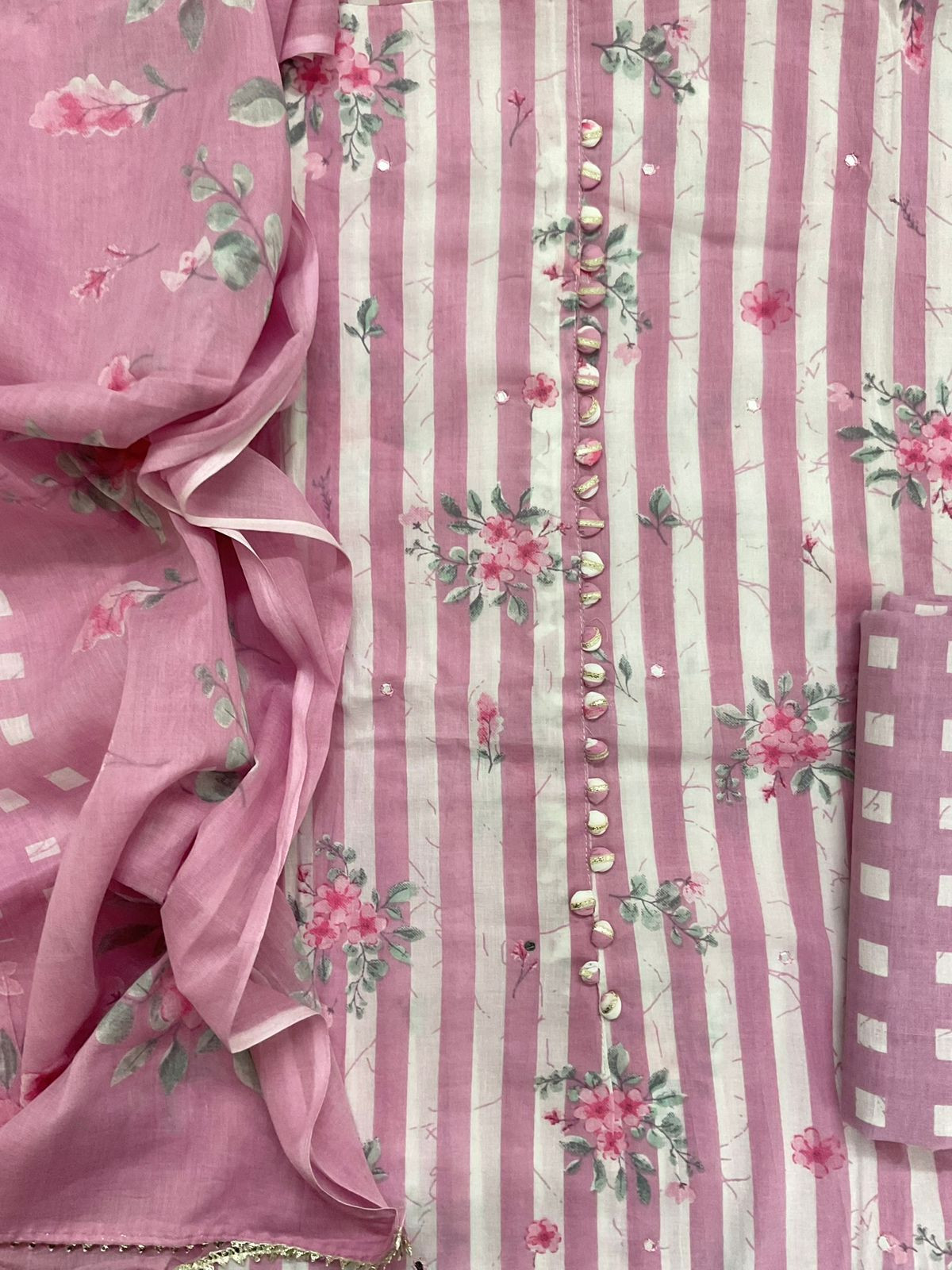 Pure Cotton Printed Embroidered Suit - Pink