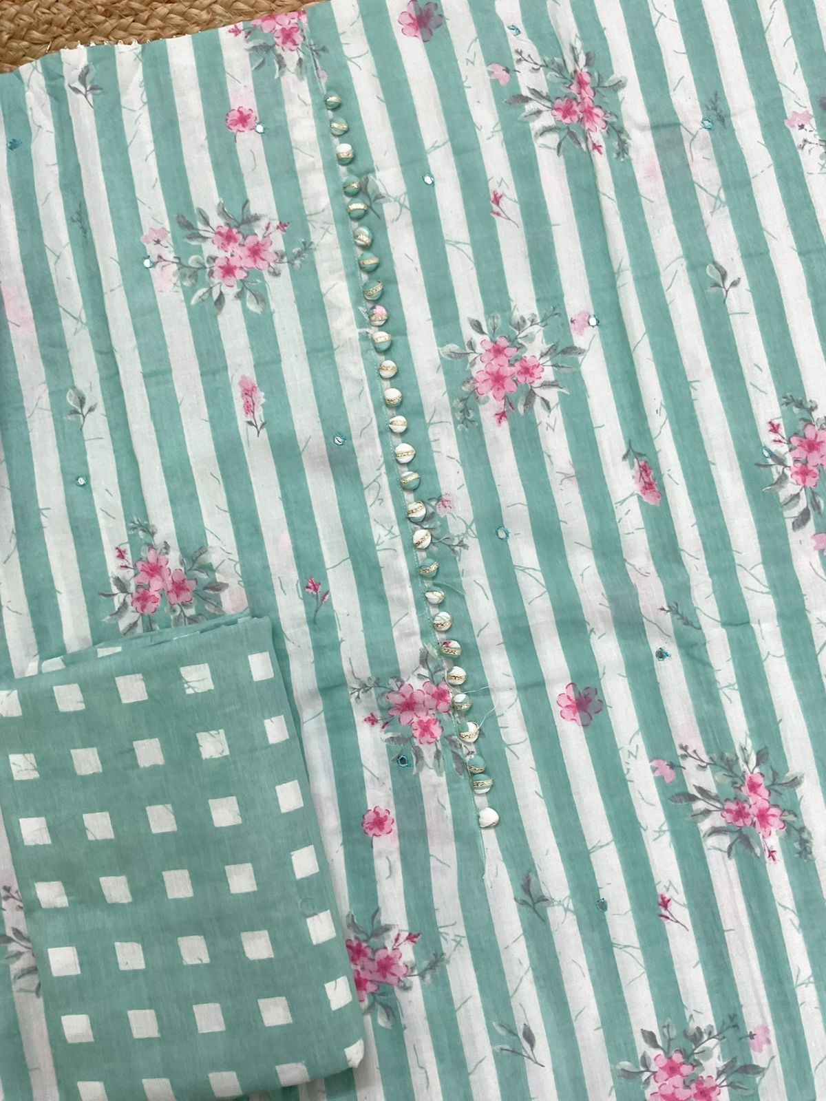 Pure Cotton Printed Embroidered Suit - Green