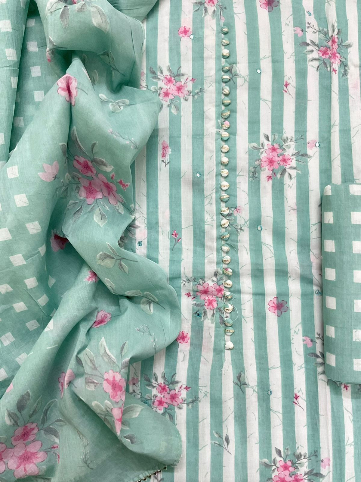 Pure Cotton Printed Embroidered Suit - Green