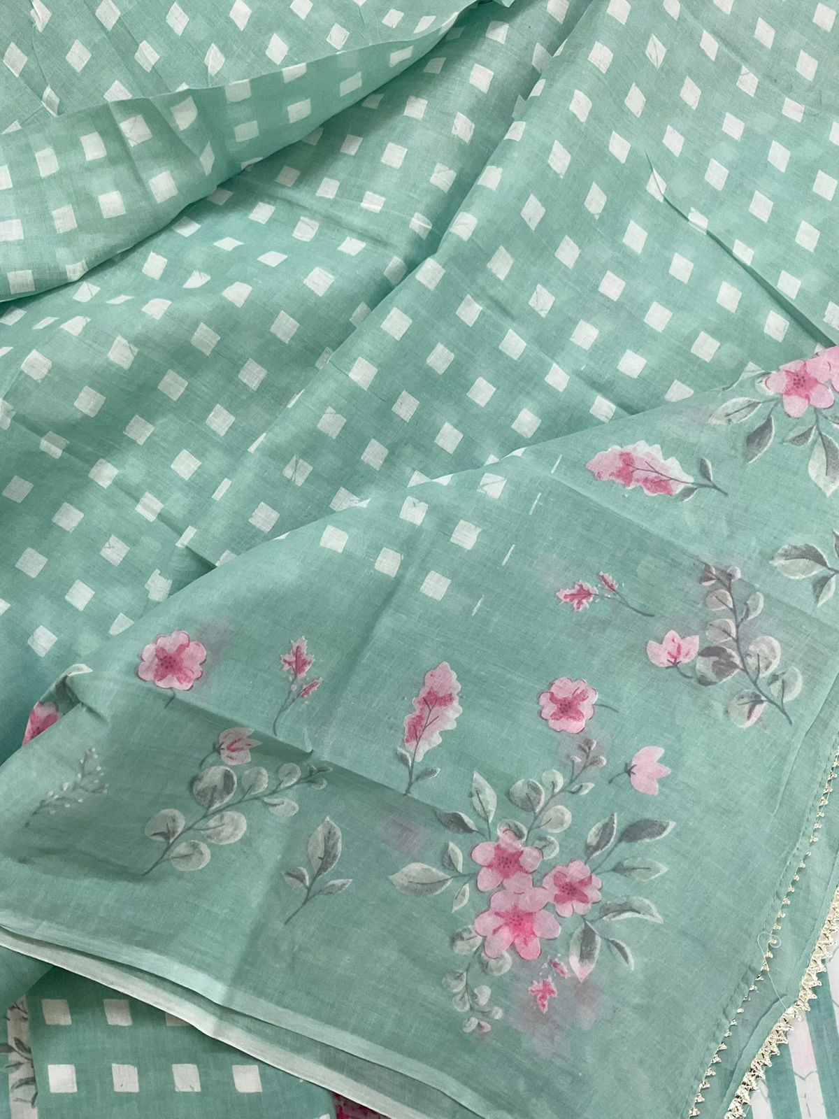 Pure Cotton Printed Embroidered Suit - Green