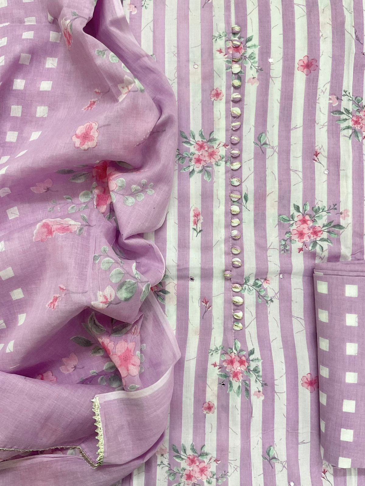 Pure Cotton Printed Embroidered Suit - Purple