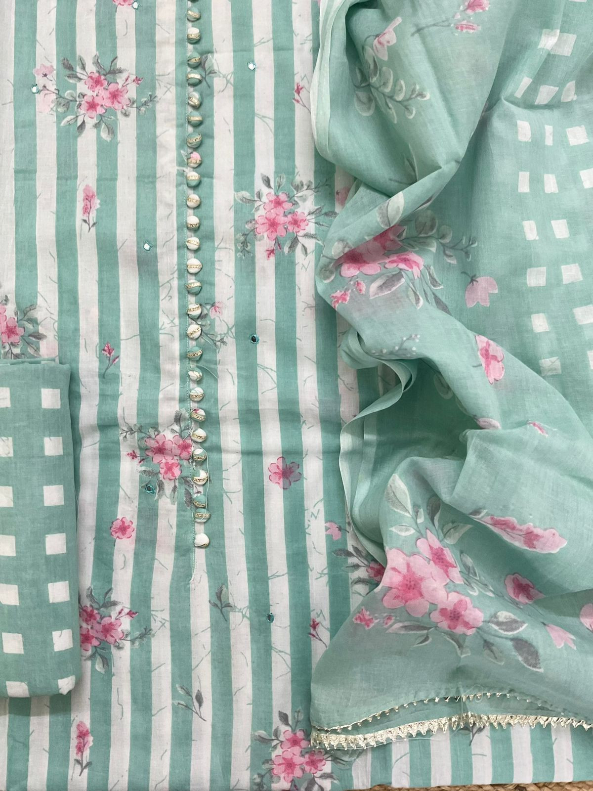 Pure Cotton Printed Embroidered Suit - Green