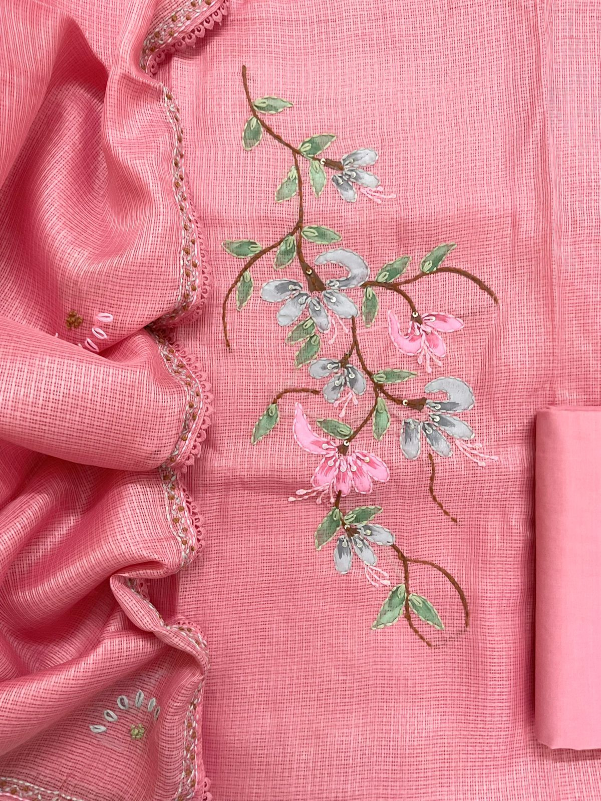 Soft Kota Silk Brush Painted Embroidered Suit - Pink