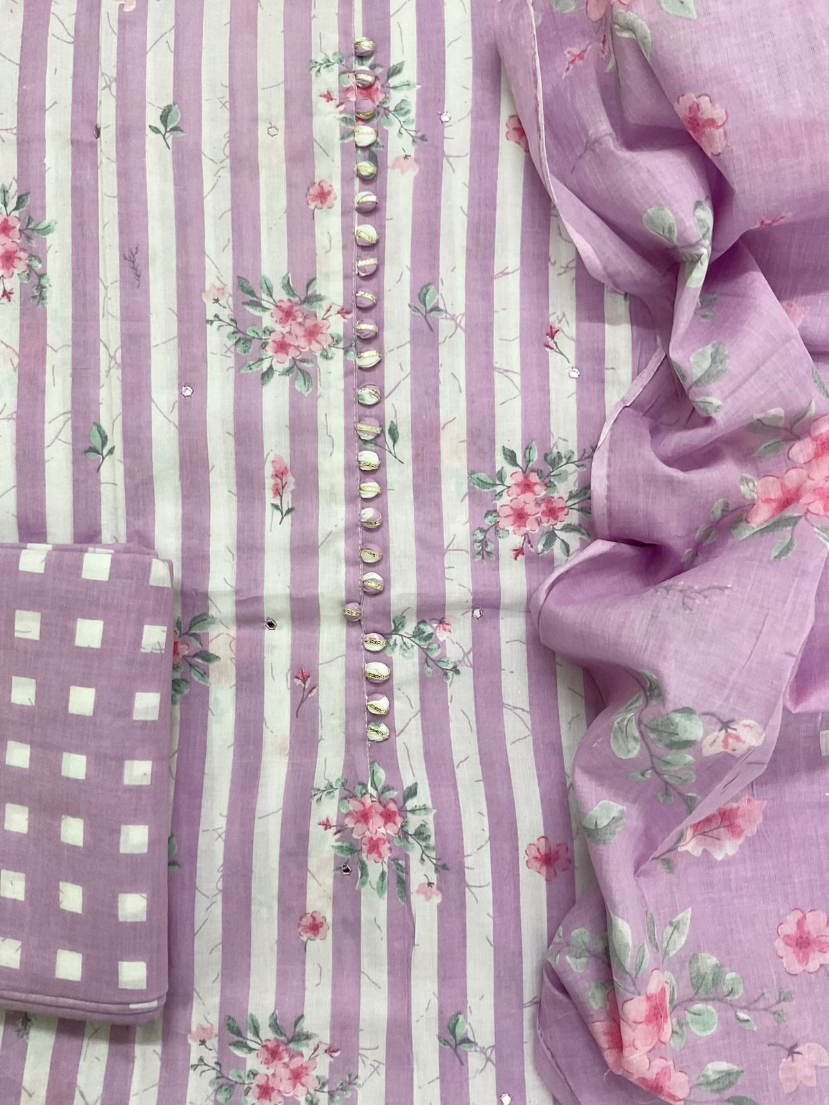 Pure Cotton Printed Embroidered Suit - Purple